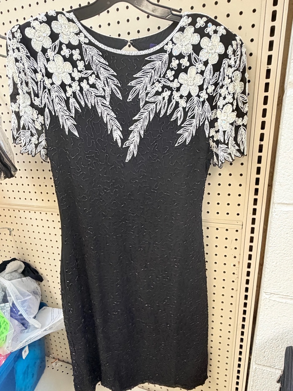 Black Beaded 100% Silk Embroidered Cocktail Dress with White Floral Accents